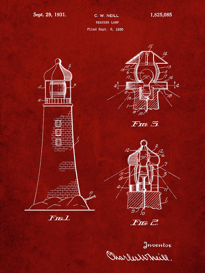 Lighthouse Digital Art - Pp941-burgundy Lighthouse Patent Poster by Cole Borders