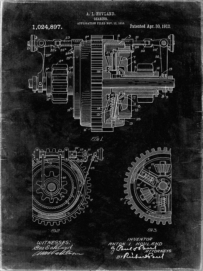 Car Parts Digital Art - Pp953-black Grunge Mechanical Gearing 1912 Patent Poster by Cole Borders