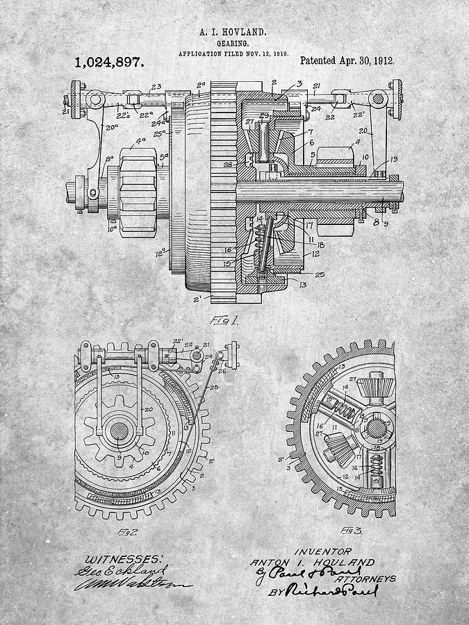 Car Parts Digital Art - Pp953-slate Mechanical Gearing 1912 Patent Poster by Cole Borders