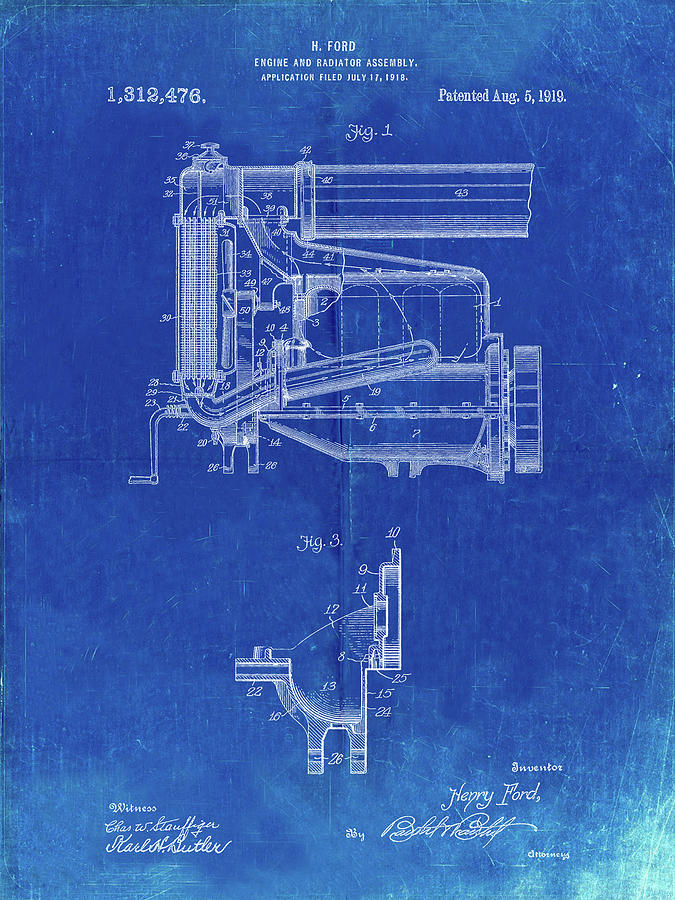 Car Parts Digital Art - Pp960-faded Blueprint Model T Engine And Radiator Assembly by Cole Borders