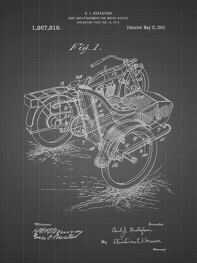 Sidecar Digital Art - Pp963-black Grid Motorcycle Sidecar 1918 Patent Poster by Cole Borders