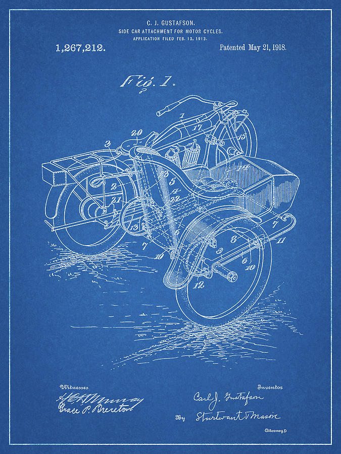 Sidecar Digital Art - Pp963-blueprint Motorcycle Sidecar 1918 Patent Poster by Cole Borders