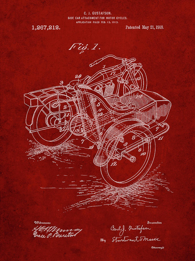 Sidecar Digital Art - Pp963-burgundy Motorcycle Sidecar 1918 Patent Poster by Cole Borders