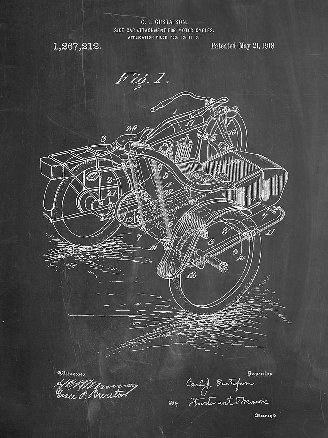 Sidecar Digital Art - Pp963-chalkboard Motorcycle Sidecar 1918 Patent Poster by Cole Borders