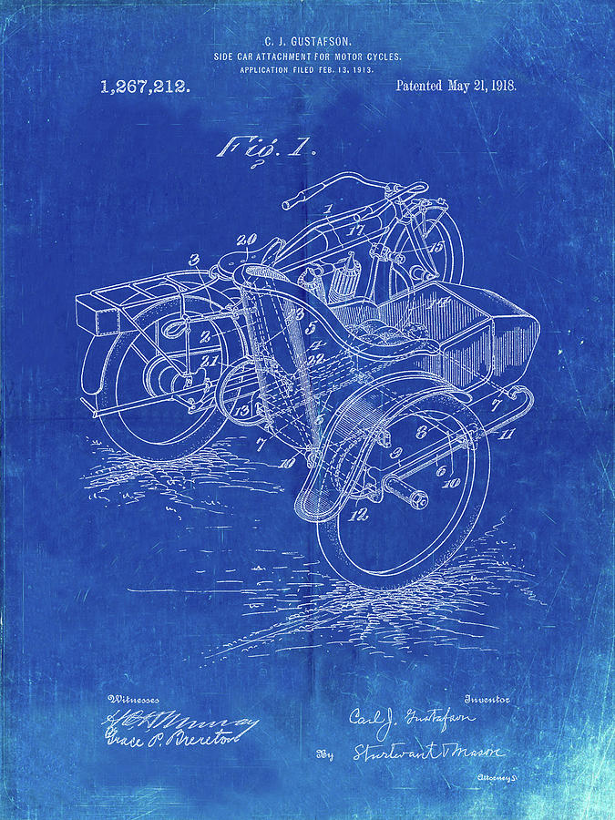 Sidecar Digital Art - Pp963-faded Blueprint Motorcycle Sidecar 1918 Patent Poster by Cole Borders