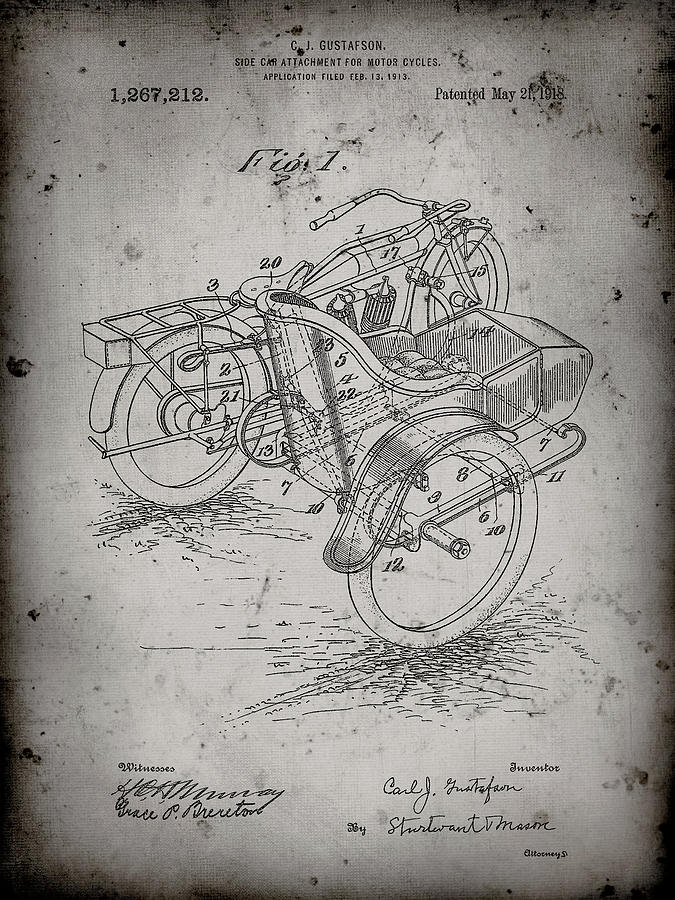 Sidecar Digital Art - Pp963-faded Grey Motorcycle Sidecar 1918 Patent Poster by Cole Borders