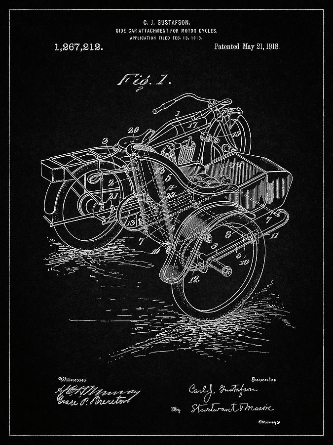 Sidecar Digital Art - Pp963-vintage Black Motorcycle Sidecar 1918 Patent Poster by Cole Borders
