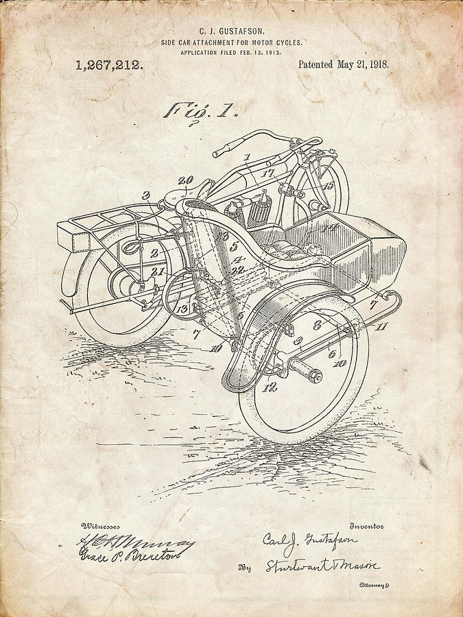 Sidecar Digital Art - Pp963-vintage Parchment Motorcycle Sidecar 1918 Patent Poster by Cole Borders
