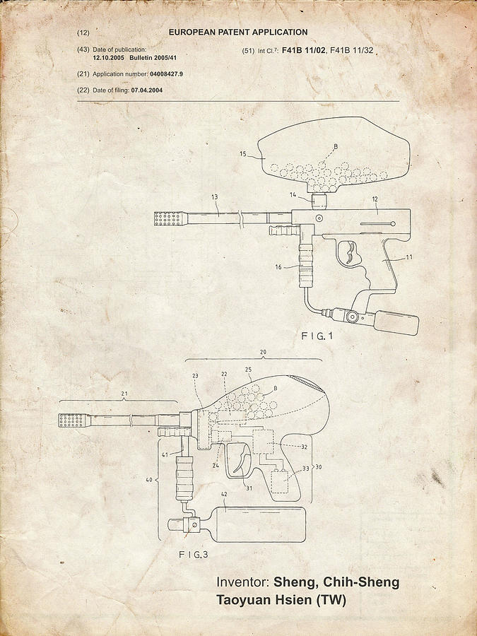 Paintball Digital Art - Pp982-vintage Parchment Paintball Gun Patent Art by Cole Borders