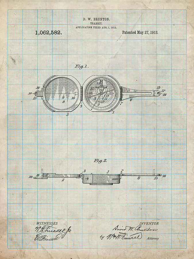 Compass Digital Art - Pp992-antique Grid Parchment Pocket Transit Compass 1919 Patent Poster by Cole Borders
