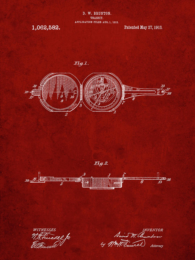 Compass Digital Art - Pp992-burgundy Pocket Transit Compass 1919 Patent Poster by Cole Borders