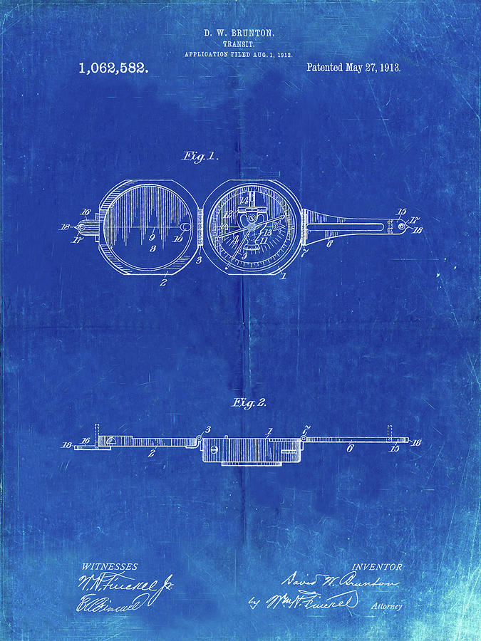 Compass Digital Art - Pp992-faded Blueprint Pocket Transit Compass 1919 Patent Poster by Cole Borders