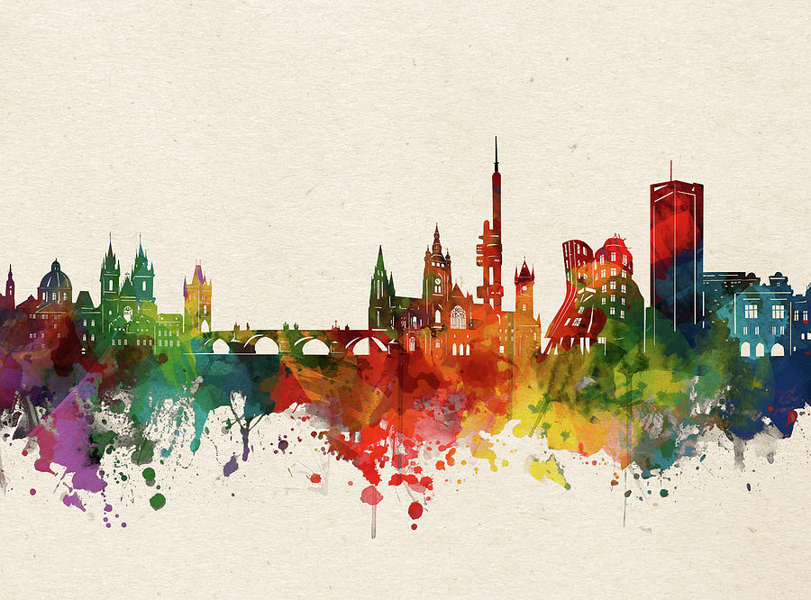 Prague Skyline Watercolor Digital Art