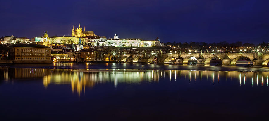Castle Photograph - Prague Twilight Panorama by Andrew Soundarajan