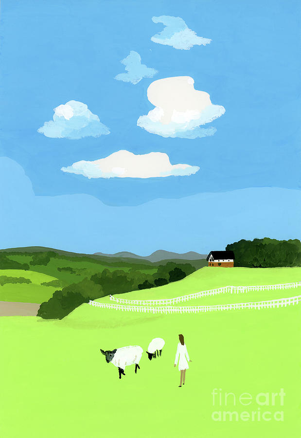 Prairie And Sheep Painting by Hiroyuki Izutsu