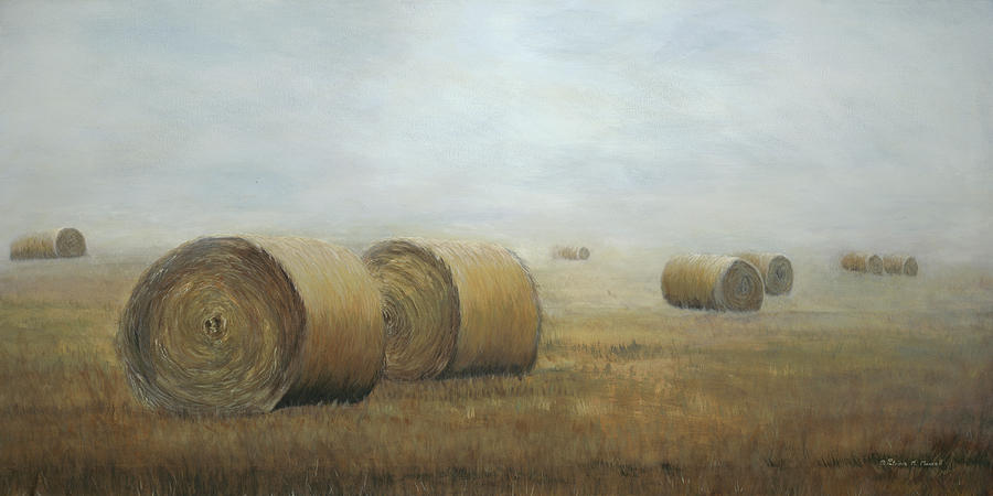 Hay Bales Painting - Prairie Gold - Hay Bales in the mist by Patricia Mansell