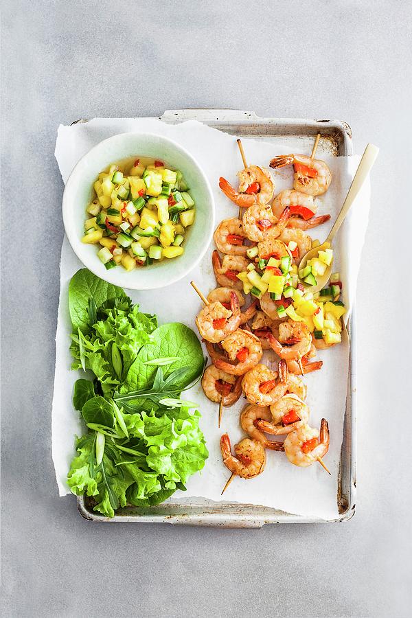 Prawn Kebabs With Pineapple And Chilli Salsa Photograph by The Food Union