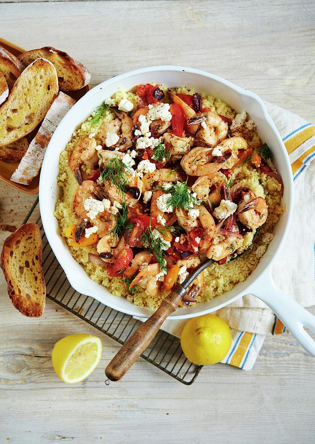 Prawn Saganaki With Tomatoes, Feta Cheese And Couscous greece Photograph by Greg Rannells