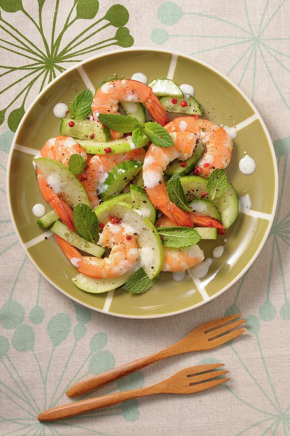 Prawn Salad With Cucumber, Apple, Mint And Red Peppercorns Photograph by Jean-christophe Riou