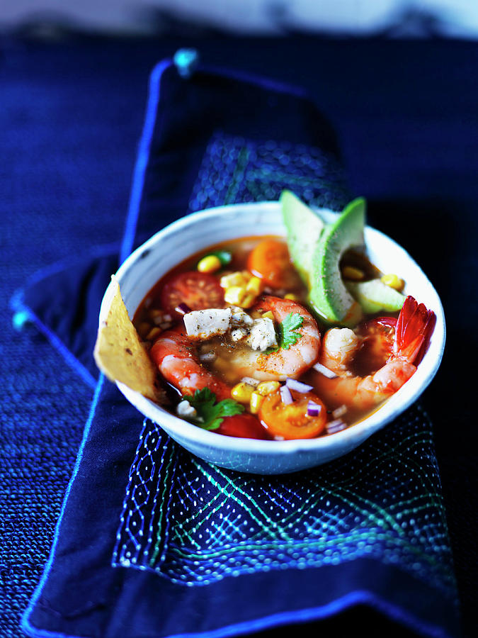Prawn Soup With Cherry Tomatoes, Corn, Nachos, And Avocado mexico Photograph by Karen Thomas
