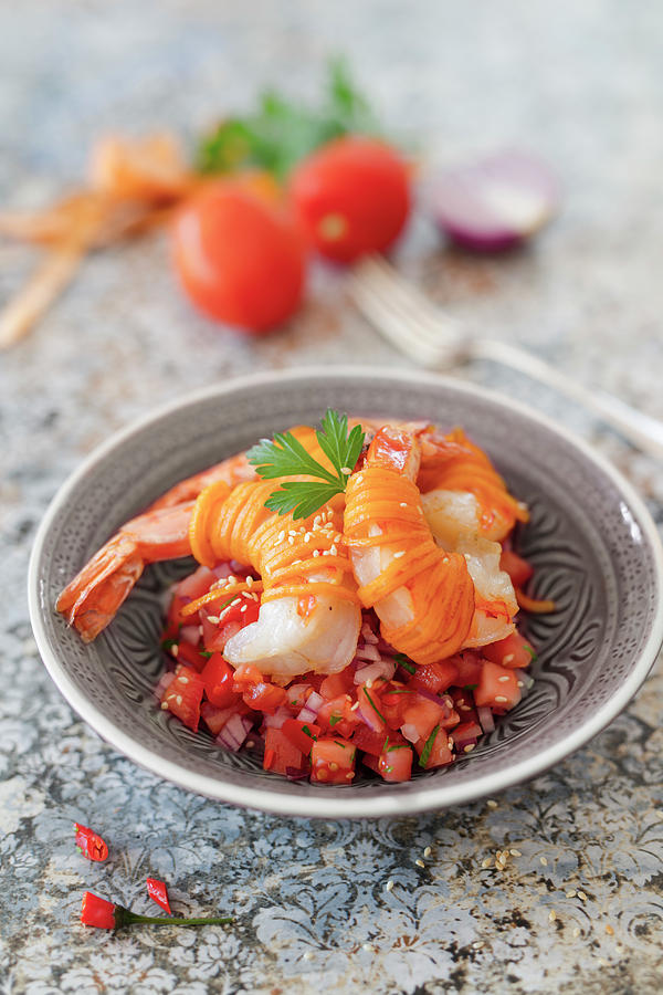 Prawns In A Sweet Potato Coating With Mexican Salsa Photograph by Jan Wischnewski