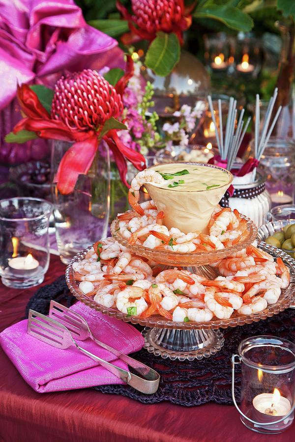 Prawns On A Glass Stand With Cocktail Dipping Sauce Photograph by Great Stock!