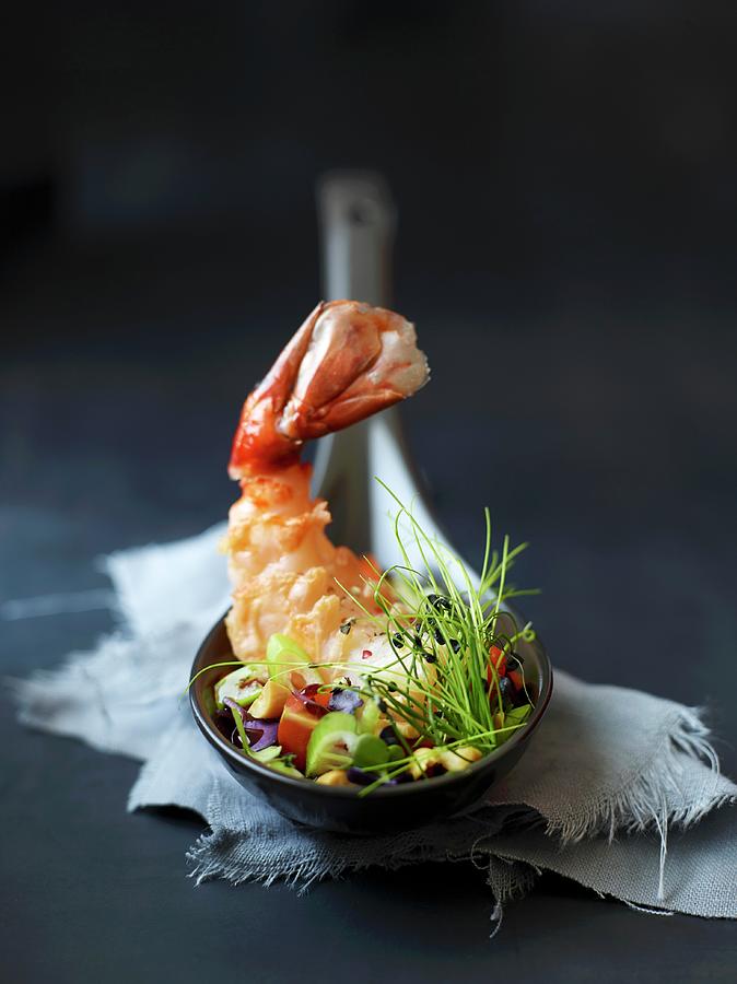 Prawns With Vegetables And Chives On A Spoon Photograph by Klaus Arras