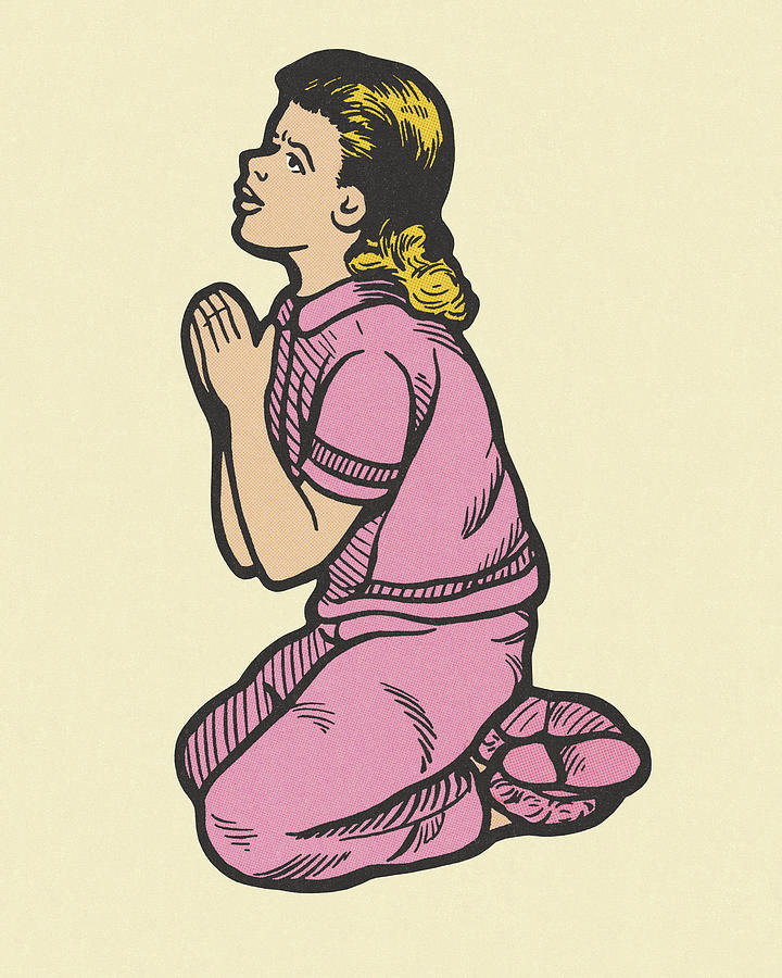 Vintage Drawing - Praying Girl Kneeling by CSA Images