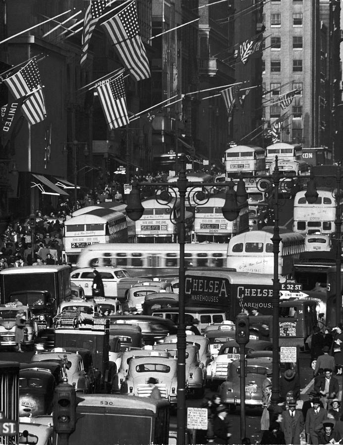 New York City Photograph - Pre-Christmas holiday traffic teeming w. by Andreas Feininger