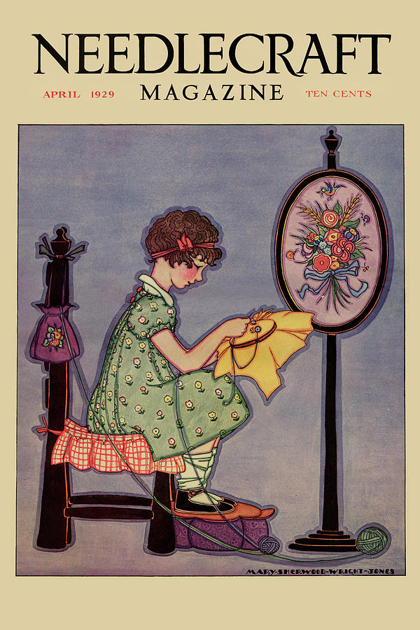 Pre-Teen cross-stitches a fabric Painting by Mary Sherwood Wright Jones