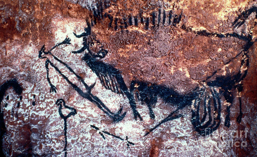 Animal Painting - Prehistoric Art: Scene Of The Well: A Man With A Bird Head And Seems To Fall Or Being Pushed By A Bison by Prehistoric
