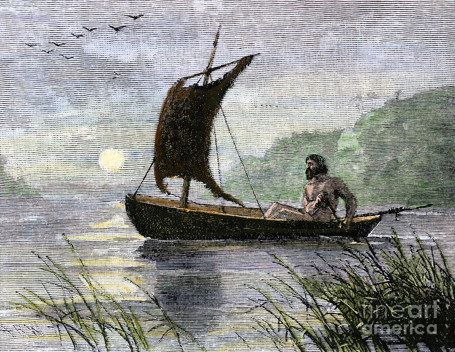 Prehistoric Drawing - Prehistoric Navigation, Rowing Canoe With Animal Skin Sailing by American School