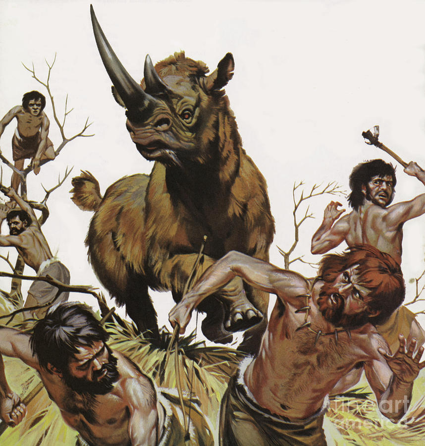 Prehistoric wooly rhinoceros hunt  Painting by Angus McBride