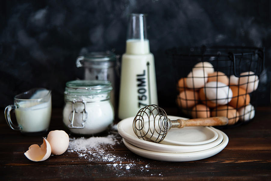 Preparation For Baking Cream Milk Flour Eggs Sugar Photograph by Karolina Polkowska