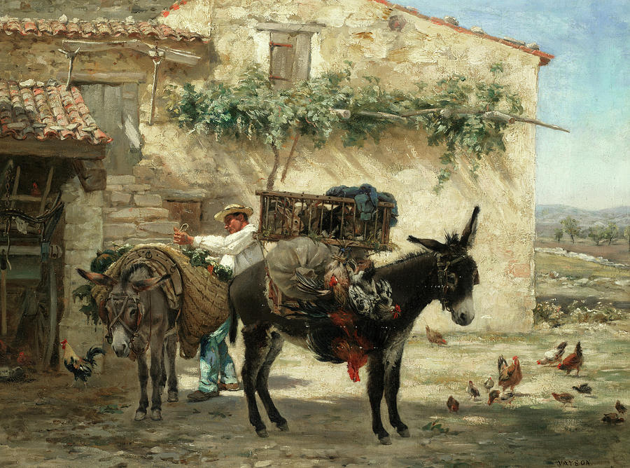 Donkey Painting - Preparing for market by Paul Vayson