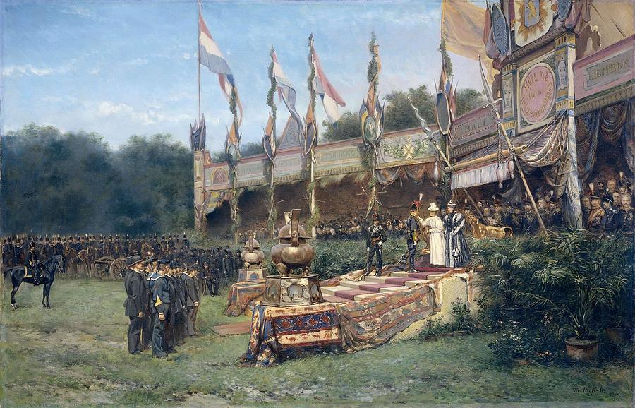 Presentation of the Lombok cross by Queen Wilhelmina at the Malieveld in The Hague, 6 July 1895. ... Painting by Mari ten Kate -1831-1910-