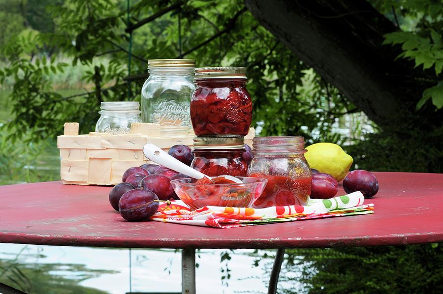 Preserved Plums In Jars On A Table In The Garden Photograph by Kng, Ruth