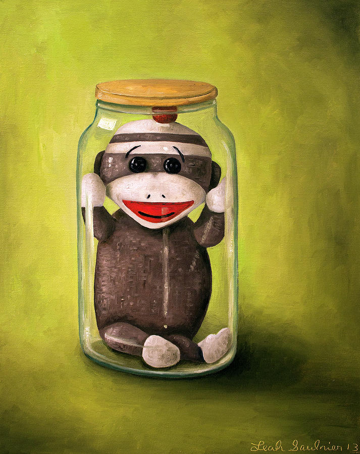Funny Painting - Preserving Childhood Baby Sock Monkey by Leah Saulnier