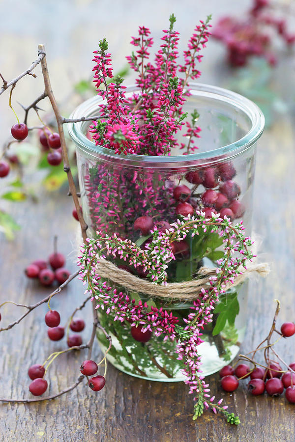 Preserving Jar With Budding Heather In A Heart Shape And Hawthorn Berries Photograph by Martina Schindler