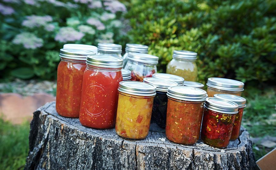Preserving Jars Of Tomatoes And Relishes On A Tree Stump In A Garden Photograph by Greg Rannells
