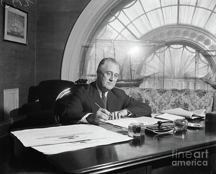 President Franklin Roosevelt In The White House Signing Bills And Preparing His Speeches For His Southern Trip, 1936 (b/w Photo) Photograph by Harris & Ewing