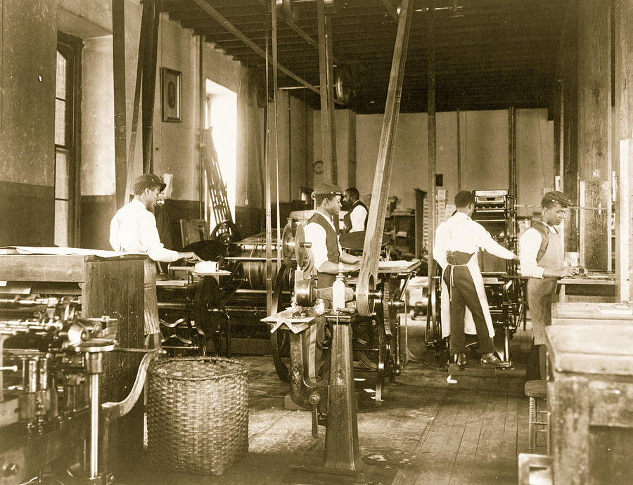 Pressmen at work in printing shop, Hampton Institute Painting by 