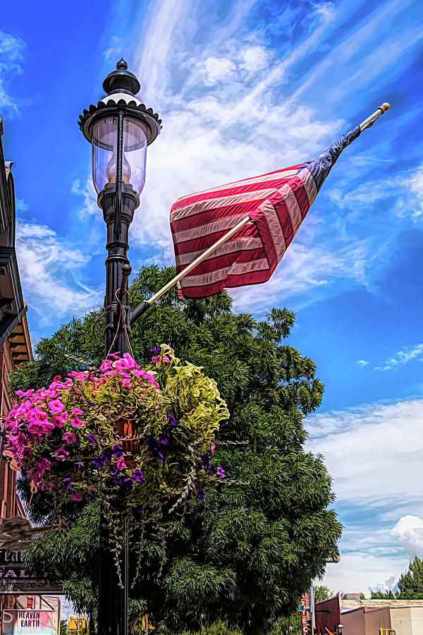 Pretty All American Lamp Post Flowers and Flag  Photograph by Debra Martz