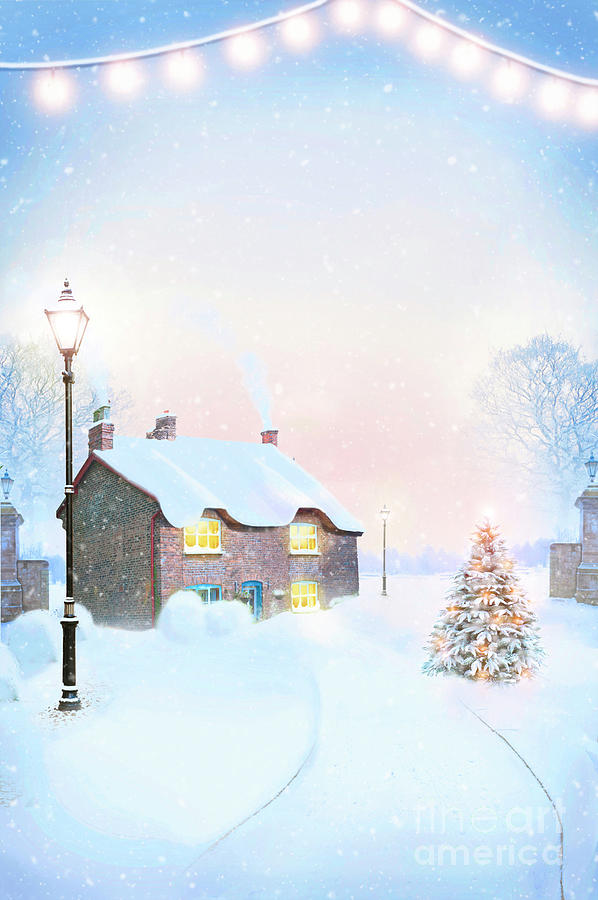 Pretty Cottage At Christmas In Snow With Xmas Tree And Lights Photograph by Lee Avison