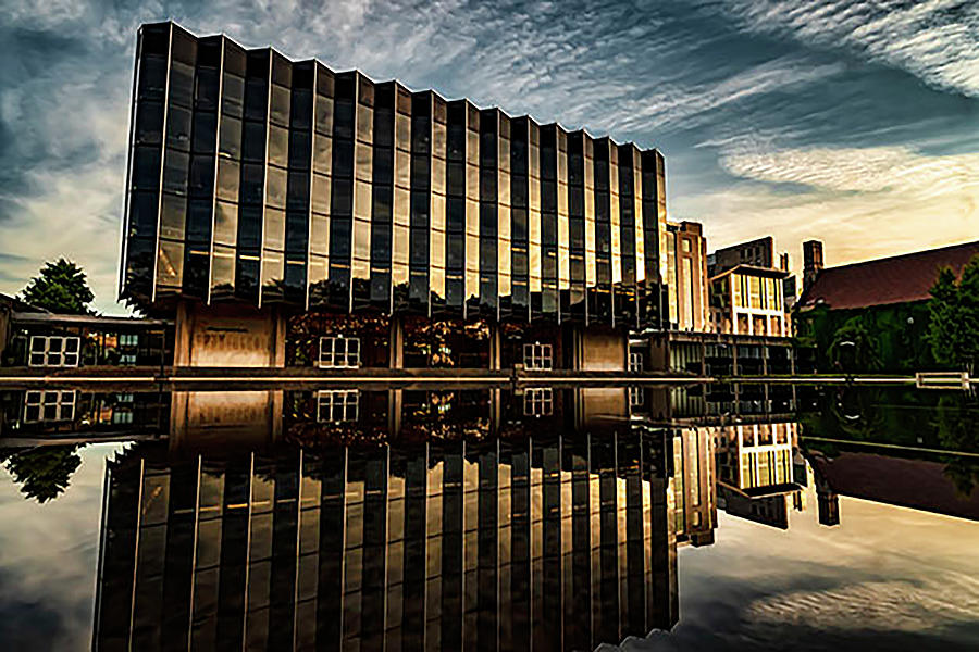Pretty Building With Reflection Pool Near Sunset Photograph