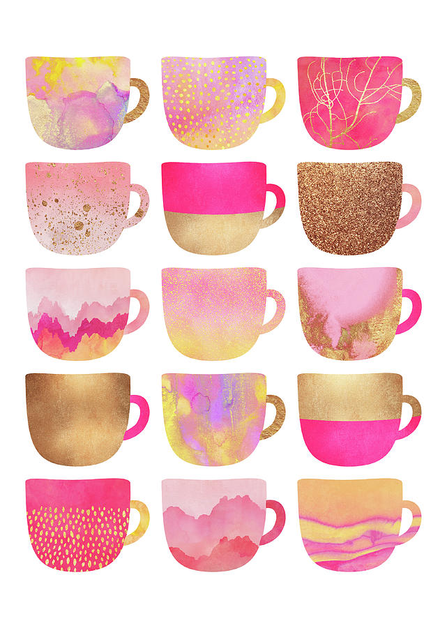 Coffee Digital Art - Pretty Pink Coffee Cups by Elisabeth Fredriksson