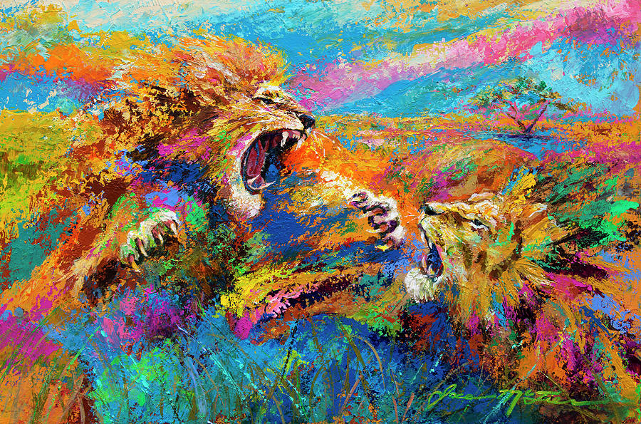 Abstract Painting - Pride Fight In The Savanna African Lions by Jace D. Mctier