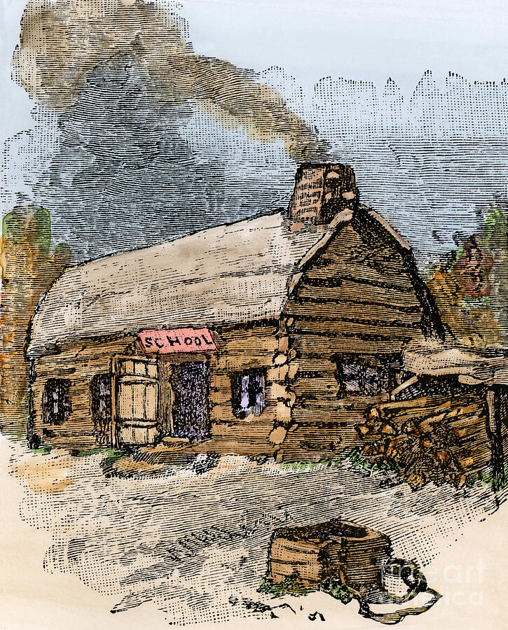 Vintage Drawing - Primary School Of The Territories Of The Northern Border, Has A Single Piece, Made Of Logs, With Its Own Well And Its Reserve Of Bugs, 18th-19th Century Illustration 19th Century Engraving On Wood Colour by American School