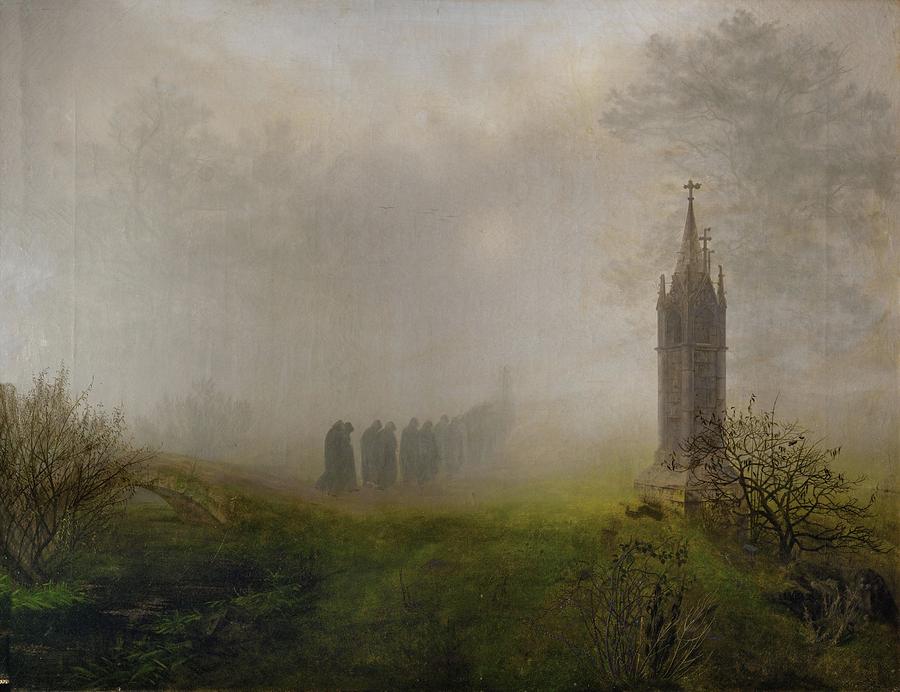 Procession in the fog. Oil on canvas -1828- 81.5 x 105.5 cm. Painting by Ernst Ferdinand Oehme