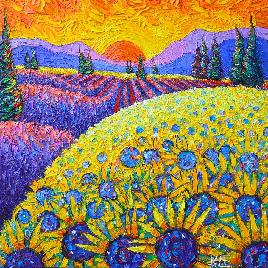 PROVENCE COLORS SUNFLOWERS AND LAVENDER FIELD textural impasto knife oil painting Ana Maria Edulescu Painting by Ana Maria Edulescu